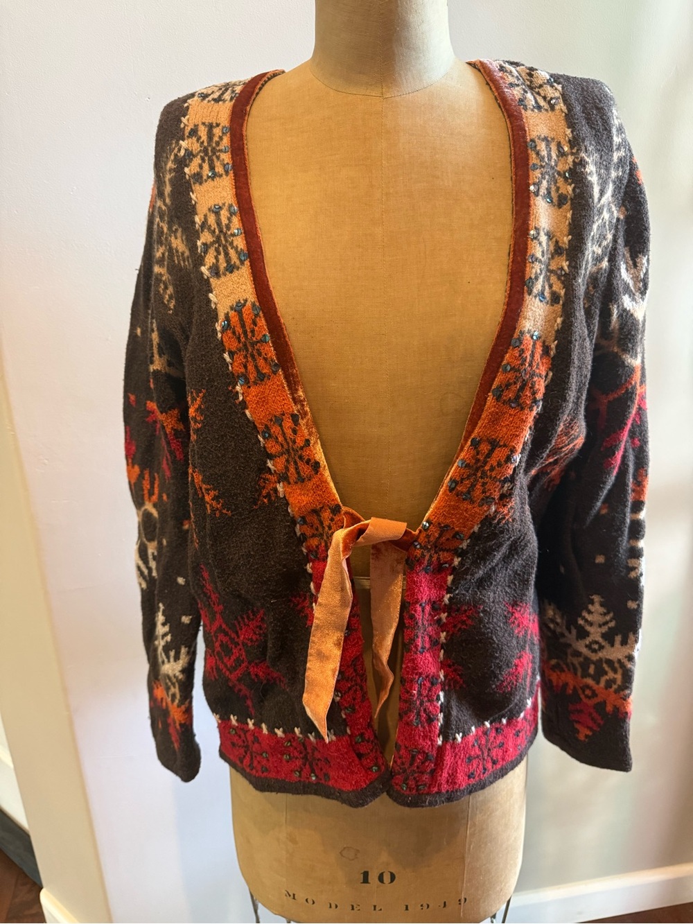 Vintage Tie-Front Cardigan Sweater - Brown with Orange & Red Accents